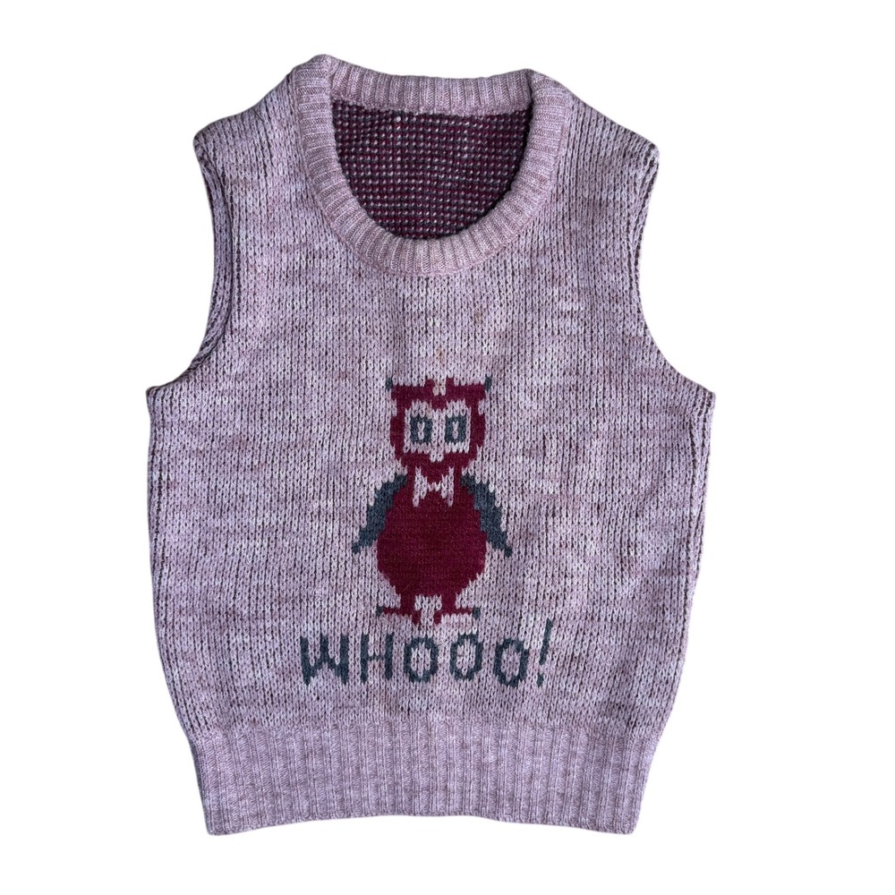 True Vintage 1970s Wool Owl Knit Vest Novelty Graphic S Pink Purple Red Animal